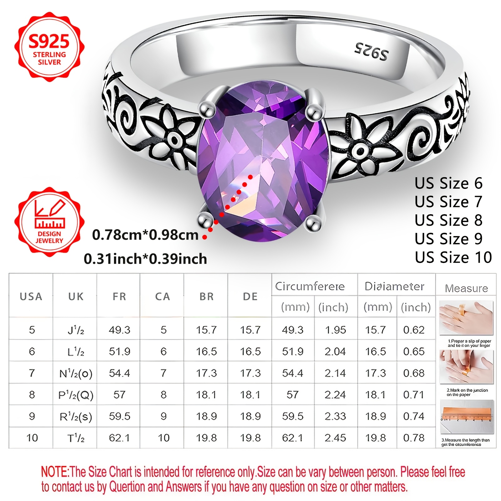 Women's 925 Sterling Silver Vintage Bohemian Oval Purple Zirconia Ring
